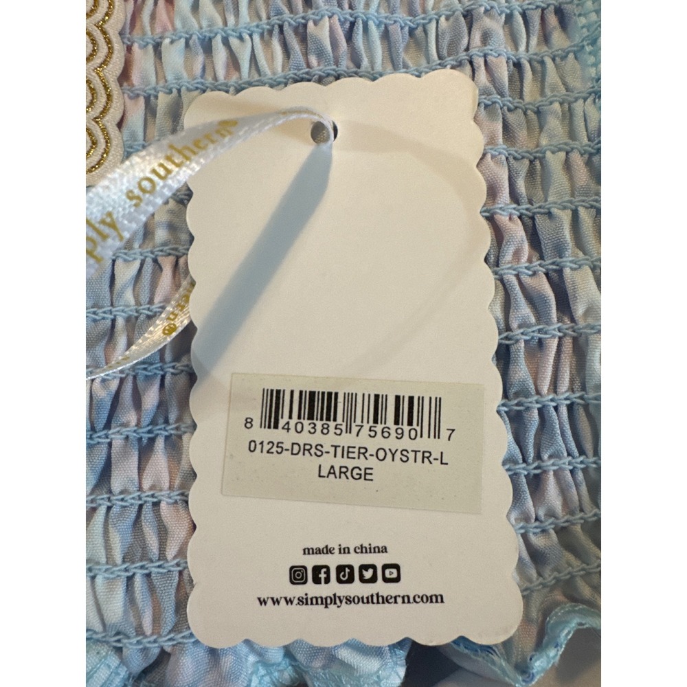 Simply Southern Oyster Tiered Mini Dress Blue Pink Ric-Rac Trim Large NEW - Picture 4 of 9